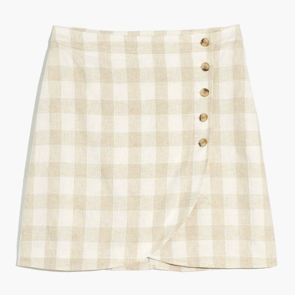NWT Madewell Linen Skirt Women’s 4 Cream Tulip Wrap Mini Neutral Gingham Preppy - Picture 2 of 13